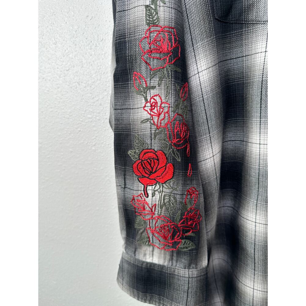 Adaptation Rose Embroidered Plaid Longline Shirt Dress Black White M - Picture 6 of 16